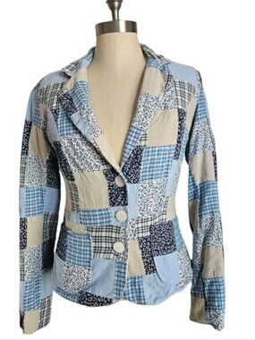 BAMBOO TRADERS Patchwork Blazer Jacket Blue Plaid Floral Cotton | SZ S